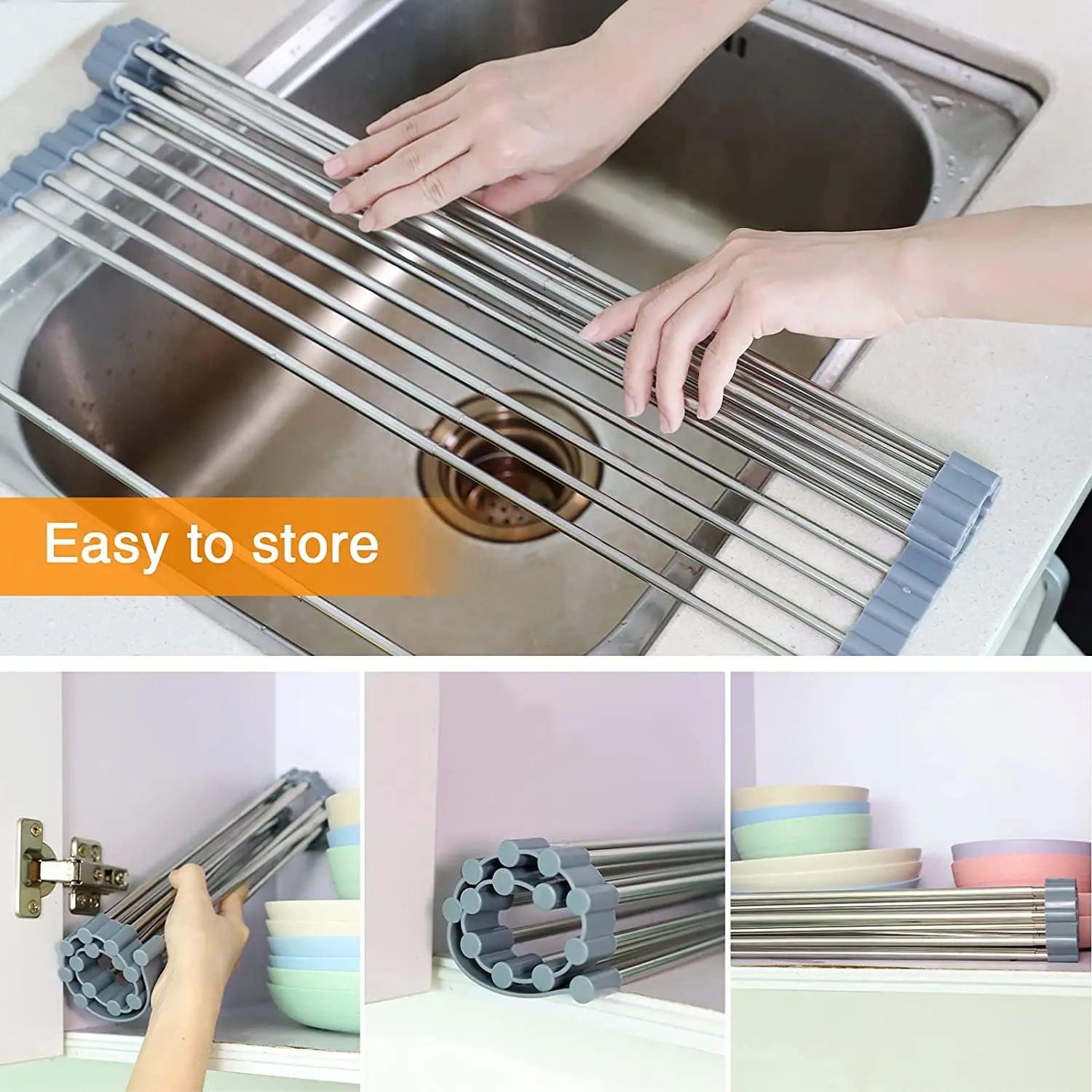 Expandable Roll Up Dish Drying Rack Up to 22.8''with Storage Baskets and Shelf Tray Pattan Australia